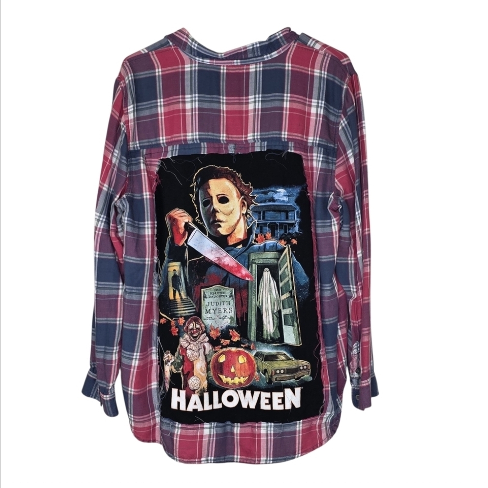 Boneyard Threadz Red & Blue Plaid Shirt W/ Halloween Graphic Size XL